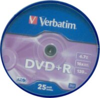 Verbatim DVD+R 4,7GB, 16x, hengeren (AZO) 25db/csomag