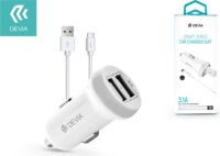 Devia Smart Series Autós 2xUSB töltő (5V / 3.1A) + USB - USB-C Adatkábel 1m - Fehér