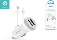 Devia Smart Series Autós 2xUSB töltő (5V / 3.1A) + USB - Lightning Adatkábel 1m - Fehér