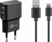 goobay Hálózati 2x USB töltő 2.4A + USB-A - USB-C töltőkábel Fekete