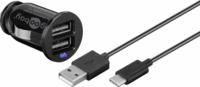 goobay Autós 2xUSB töltő 2.4A + USB - USB-C töltőkábel - Fekete