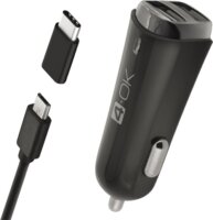 4-OK Autós 2x USB töltő (5V / 3400mA) + Type-C adapter + microUSB kábel - Fekete