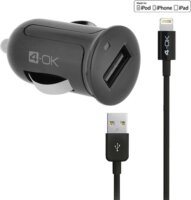 4-OK Autós USB töltő (5V / 2400mA) + USB - lightning töltőkábel - Fekete