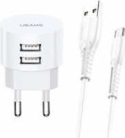 Usams Hálózati 2xUSB töltő 2100mA + USB - micro USB kábel - Fehér