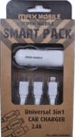 Max Mobile Smart Pack Autós Töltő 3in1 USB - Micro USB/Type-C/Lightning kábellel - Fehér