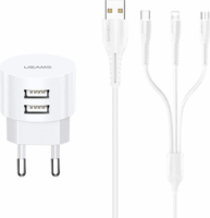 USAMS Hálózati 2xUSB töltő (5V / 2100mA) + USB - Lightning+microUSB+USB-C kábel - Fehér