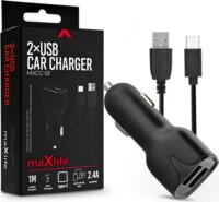 Maxlife MXCC-01 Autós 2xUSB gyorstöltő (5V / 2.4A) + USB-A - USB-C töltőkábel 1m - Fekete