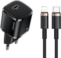 USAMS T36 Prémium Hálózati USB-C töltő (5V / 3A) + Lightning kábel Fekete