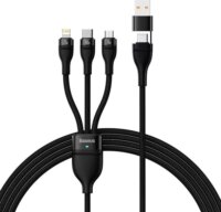 Baseus Flash Series 2 USB-A + USB-C apa - MicroUSB + USB-C + Lightning apa Töltő kábel - Fekete (1.2m)