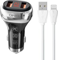 Ldnio C2 2x USB-A Autós töltő + Lightning kábel - Fekete (36W)