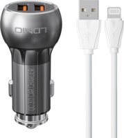 Ldnio C503Q 2x USB-A Autós töltő + Lightning kábel - Fekete (36W)