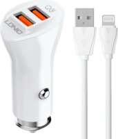 Ldnio C511Q 2x USB-A Autós töltő + Lightning kábel - Fehér (36W)