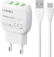 Ldnio A3315 3x USB-A Hálózati töltő + Micro USB kábel - Fehér (15.5W)