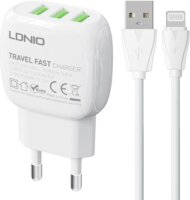 Ldnio A3315 3x USB-A Hálózati töltő + Lightning kábel - Fehér (15.5W)
