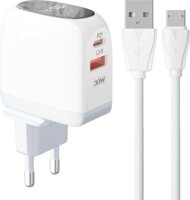 Ldnio A2522C USB-A / USB-C Hálózati töltő + Micro USB kábel - Fehér (30W)