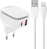 Ldnio A2425C USB-A / USB-C Hálózati töltő + Lightning kábel - Fehér (20W)