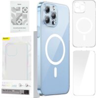 Baseus Magnetic Crystal Clear Apple iPhone 13 Pro tok + Edzett üveg kijelzővédő - Átlátszó