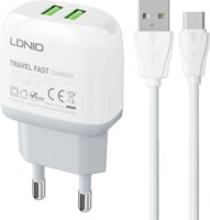 Ldnio A2219 2x USB-A Hálózati töltő + USB-C kábel - Fehér (12W)