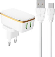 Ldnio A2204 2x USB-A Hálózati töltő + USB-C kábel - Fehér (12W)