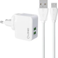 Ldnio A2203 2x USB-A Hálózati töltő + Micro USB kábel - Fehér (12W)