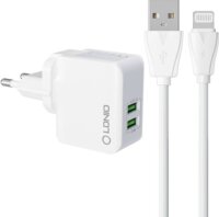 Ldnio A2203 2x USB-A Hálózati töltő + Lightning kábel - Fehér (12W)