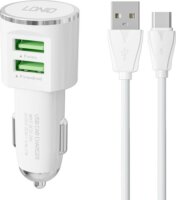 Ldnio DL-C29 2x USB-A Autós töltő + USB-C kábel - Fehér