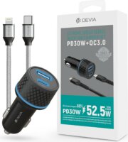 Devia Extreme Speed Series USB-A / USB-C Autós töltő + USB-C - Lightning Kábel - Fekete (52,5W)