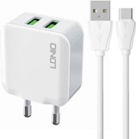 Ldnio A2201 2x USB-A Hálózati töltő + USB-C kábel - Fehér