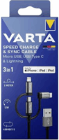 Varta Speed USB-A apa - USB Type-C / MicroUSB / Lightning apa iPhone töltőkábel - Fekete (2m)