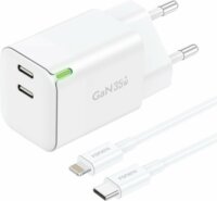 Foneng GAN35 2x USB-C Hálózati töltő + Lightning kábel - Fehér (35W)