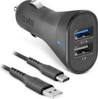 SBS TEKITCRC2U21AUL 2x USB Type-A Autós töltő + 1x USB Type-C kábel - Fekete (10W)