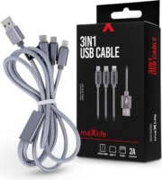 Maxlife TF-0168 USB-A apa - Micro USB/USB-C/Lightning apa 2.0 Adat és töltőkábel - Ezüst (1m)