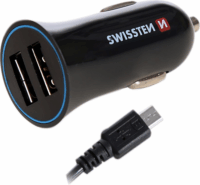 Swissten 20110900 2x USB Type-A 12-24V Autós Töltő + 1.5m Micro USB Type-B kábel - Fekete (5V / 2.4A)