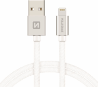 Swissten 71523203 Textile USB Type-A apa - Lightning apa Adat és töltő kábel - Fehér/Ezüst (1.2m)