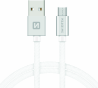 Swissten 71522203 Textile USB Type-A apa - Micro USB Type-B apa Adat és töltő kábel - Fehér/Ezüst (1.2m)