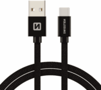 Swissten 71521301 Textile USB Type-A apa - USB Type-C apa Adat és töltő kábel - Fekete (2m)