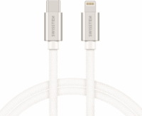 Swissten 71525203 Textile USB Type-C apa - Lightning apa Adat és töltő kábel - Fehér/Ezüst (1.2m)