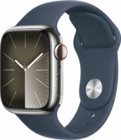 Apple Watch Series 9 GPS + Cellular (41mm) Okosóra - Ezüstszínű Rozsdamentes Acél tok Viharkék Sportszíjjal (S/M)