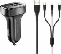 Usams C13 2x USB Type-A Autós töltő + 3in1 USB Type-C / Lightning / Micro USB Type-B kábel - Fekete (5V / 2.1A)