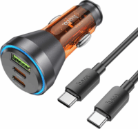 HOCO NZ12D USB Type-A / 2x USB Type-C Autós töltő + USB Type-C kábel - Átlátszó/Narancssárga (60W)