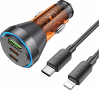 HOCO NZ12D USB Type-A / 2x USB Type-C Autós töltő + Lightning kábel - Átlátszó/Narancssárga (60W)