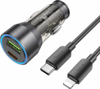 HOCO NZ12A USB Type-A / USB Type-C Autós töltő + Lightning kábel - Átlátszó/Fekete (43W)