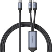 Joyroom speedy series SA21-1T2 USB-C apa - USB-C apa 2.0 + Lightning apa Adat és töltő kábel - Fekete (1.5m)