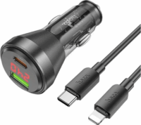 Hoco NZ12B USB-A / USB-C Autós töltő + Lightning kábel - Átlátszó/Fekete (48W)