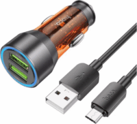 Hoco NZ12 2x USB-A Autós töltő + Micro USB kábel - Átlátszó/Narancssárga (36W)