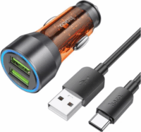 Hoco NZ12 2x USB-A Autós töltő + USB Type-C kábel - Átlátszó/Narancssárga (36W)