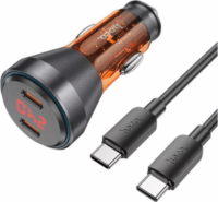 Hoco 2x USB-C Autós töltő + USB Type-C kábel - Átlátszó/Narancssárga (60W)