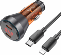 Hoco 2x USB-C Autós töltő + Lightning kábel - Átlátszó/Narancssárga (60W)