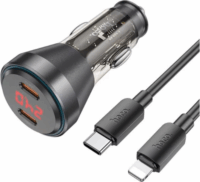 Hoco 2x USB-C Autós töltő + Lightning kábel - Átlátszó/Fekete (60W)