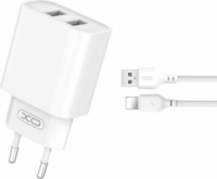 XO CE02C 2x USB Type-A Hálózati töltő + Lightning kábel - Fehér (5V / 2.1A)